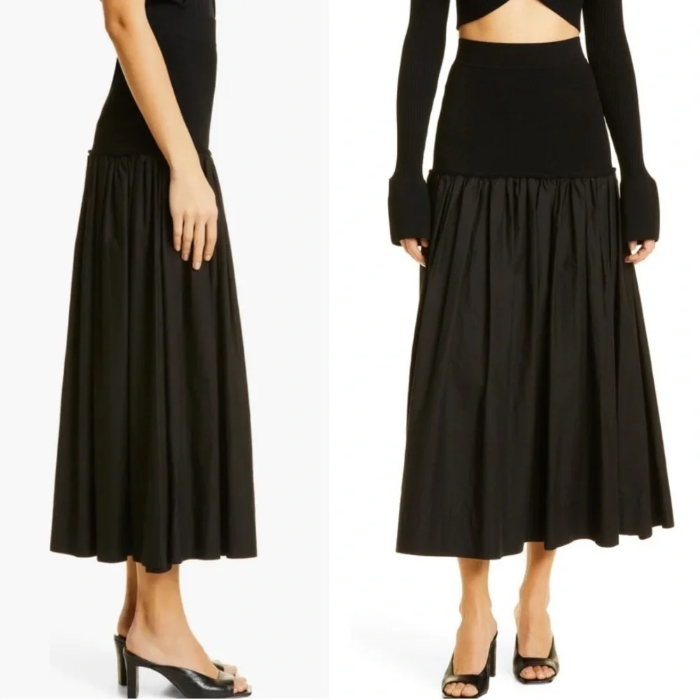 A.L.C. Marlowe Mixed Media Midi Skirt Black Poplin Cotton Stretch Drop Waist XS